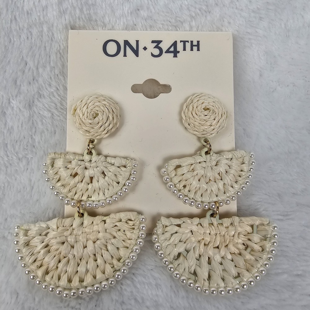 On 34th White Woven Statement Earrings Boho Raffia Beaded