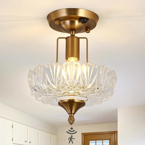 Motion Sensor Semi Flush Mount Ceiling Light Gold Hallway Light Fixture with