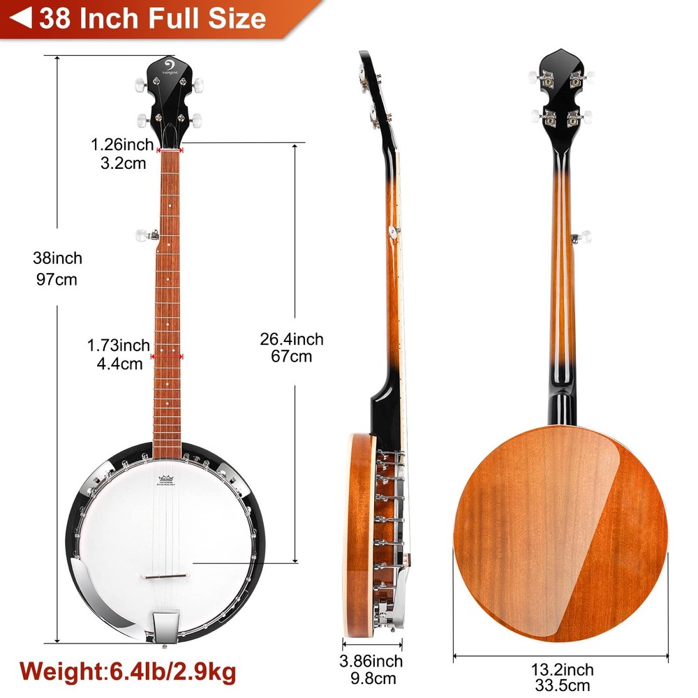 Vangoa Banjo 5 String Beginner Full Size Kit, Remo Head 24 Bracket Open Back ...
