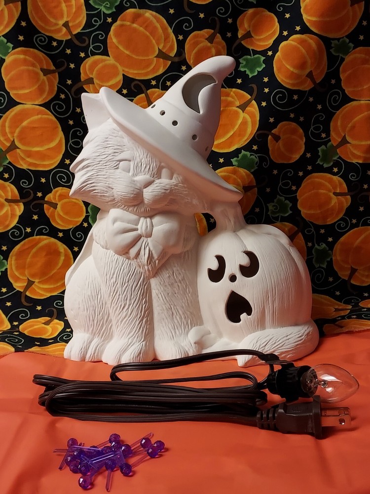 Ceramic Bisque ~ Ready to paint~ Cat Wearing Witch Hat with Pumpkin & light kit