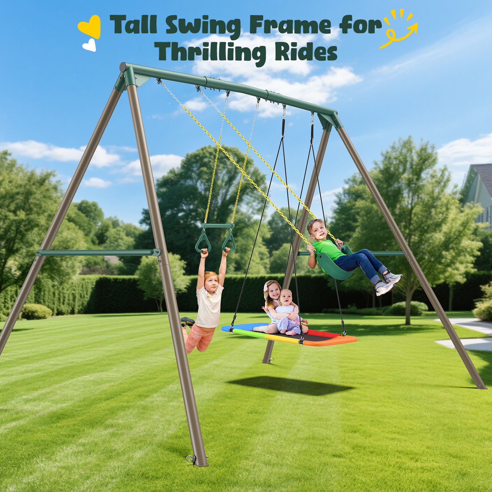 9.5ft Tall A-Frame Heavy Duty Metal Swing Set with 3 Swings and Trapeze Bar