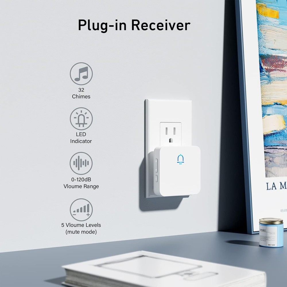 Easy Install Wireless Doorbell, Adjustable Volume, White