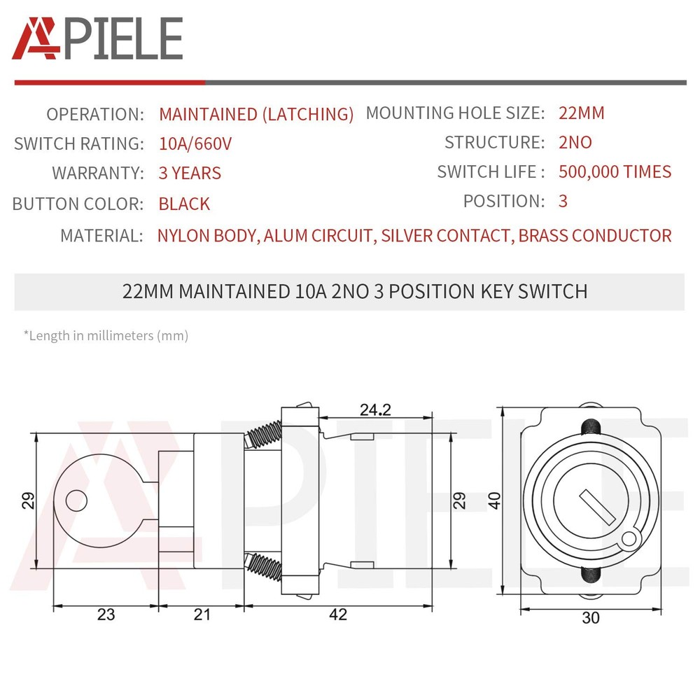 APIELE 22MM 3 Position Key Switch 2NO XB2-20Y/31 (3 Maintained)