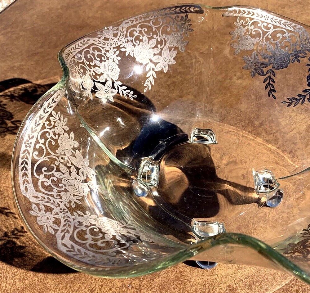 VINTAGE SILVER OVERLAY ROSE PATTERN LARGE FLUTED FOOTED CRYSTAL? FRUIT BOWL