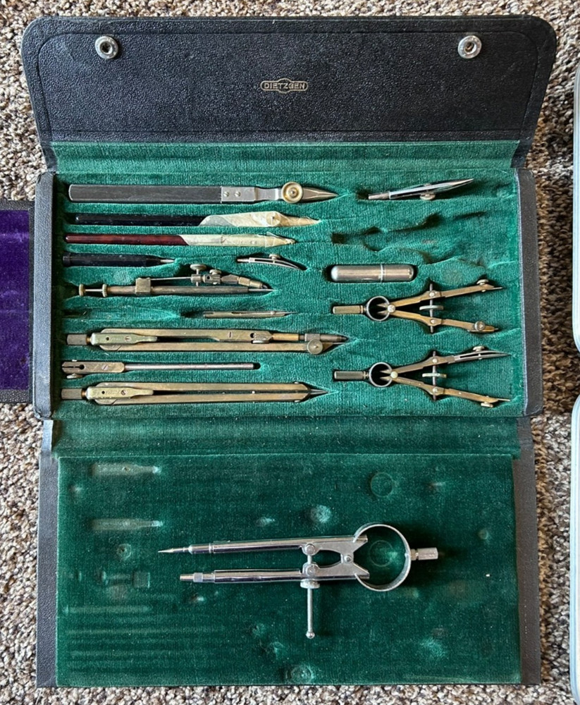 Vintage Drafting Tools Lot Triangles Templates Compass Slide Rule w/ Box