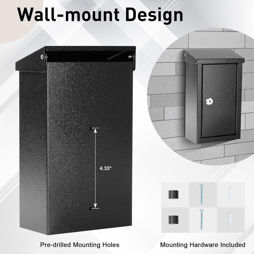 Wall Mounted Key Drop Box Locking Metal Mailbox Secure Storage Black