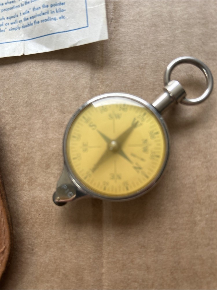 Vintage German Opisometer Map Measuring Tool & Compass w/ring w/Case ~ 3" Works