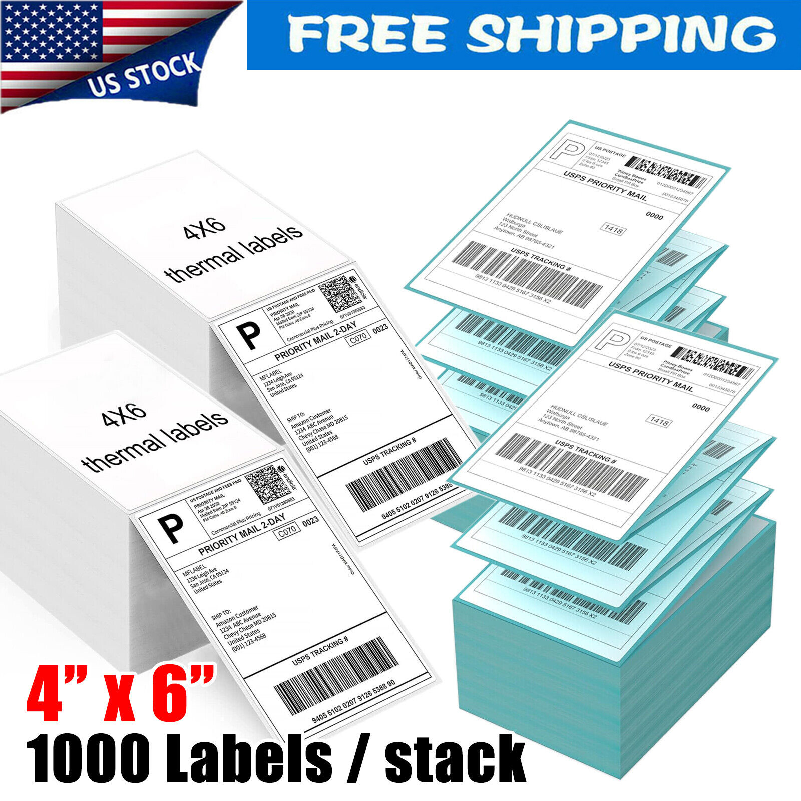 1000 4" x 6" Fanfold Direct Thermal Shipping Labels for Zebra & Rollo Printers