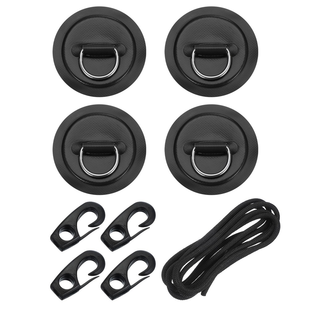 4Pcs Stainless Steel D-Ring Patch Round Patch with Elastic Cords & Hooks Black
