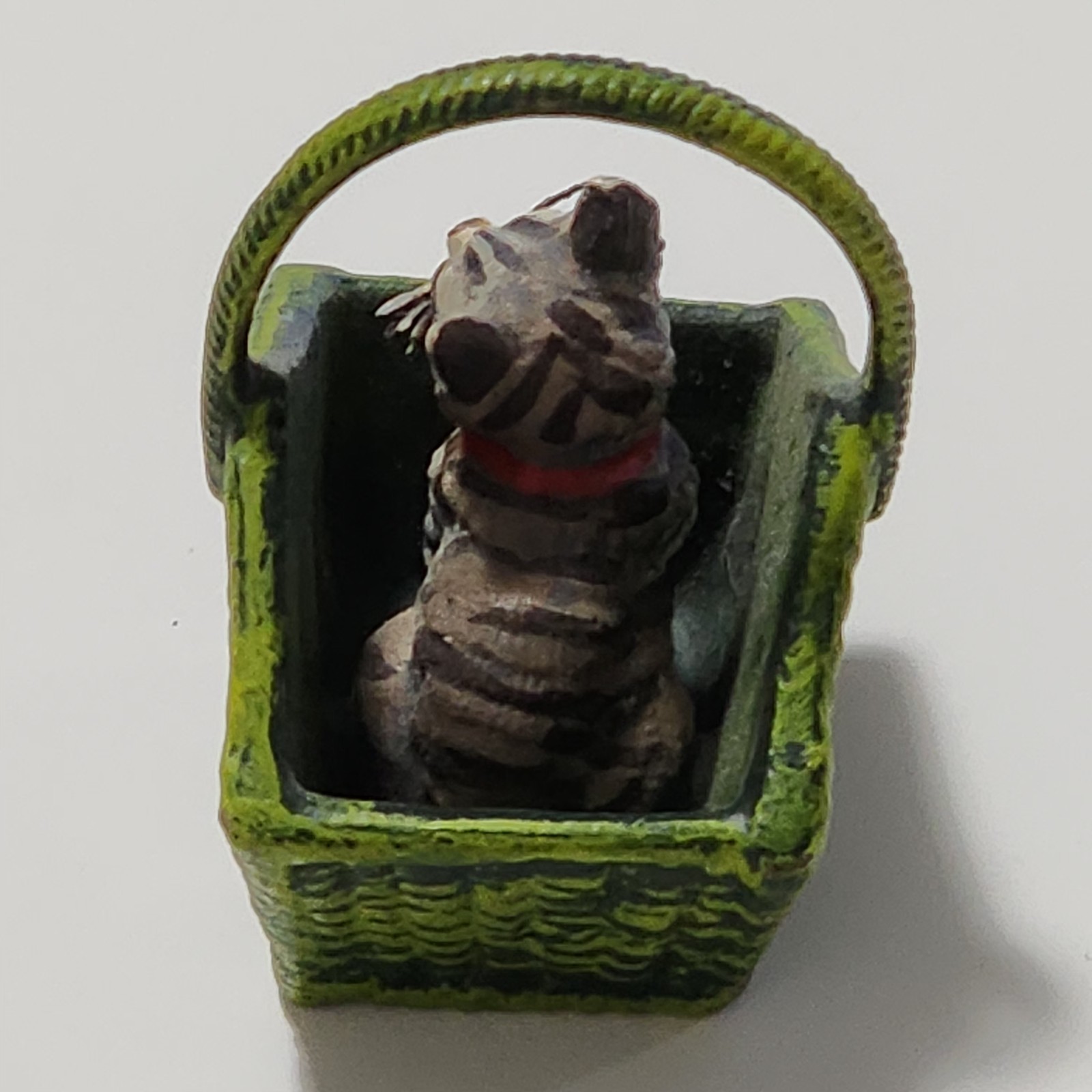 Bermann Vienna Bronze Cold Painted Kitten in Green Basket Figurine