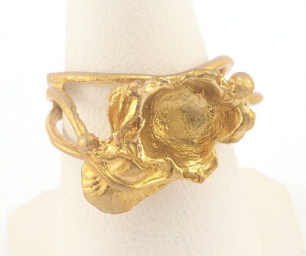 Flower Leaf Ring Adjustable Bezel - Raw brass 17mm 7US  size - Adjustable 2986