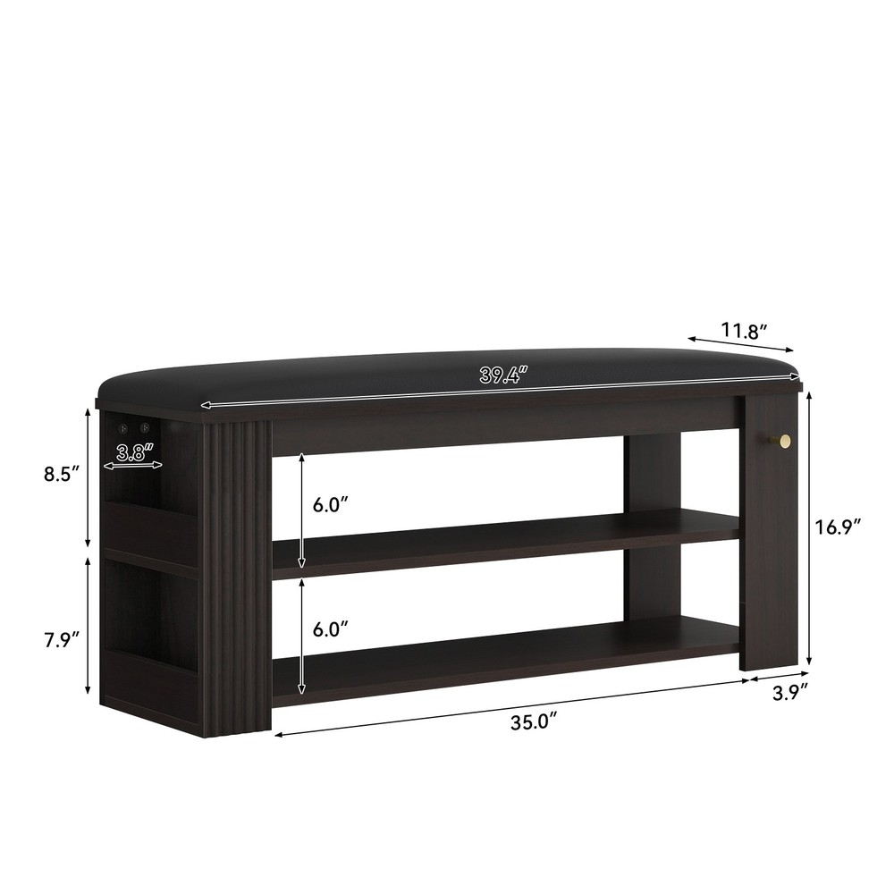 Multi-Functional Leather Storage Bench Entryway Ottoman with Shoe Rack and Hooks