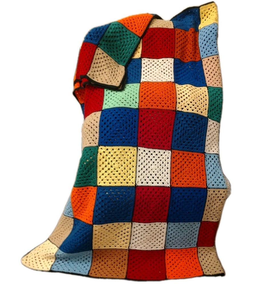 Large 70's Afghan, 90×66 Twin Bed Solid Color Square Patchwork High Quality Yarn