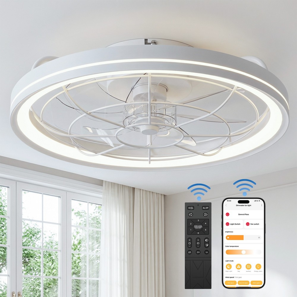20" Modern Fan Lights Flush Mount LED Ceiling Light kit With APP Remote Controls