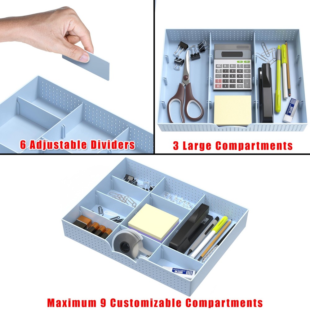 Drawer Organizer Tray with 9 Adjustable Compartments, Blue