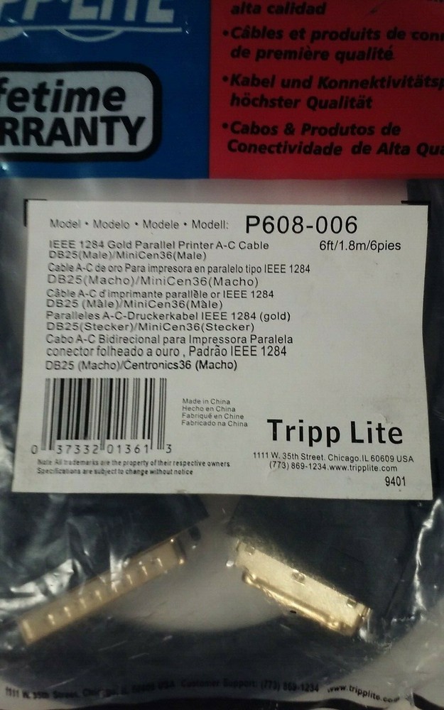 Tripp Lite -Gold Printer Parallel Cable Adapter Model:P608-006 IEEE1284