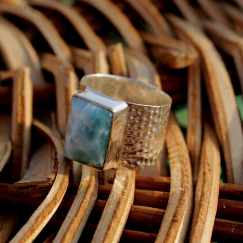 Larimar Gemstone Solid 925 Sterling Silver Statement Handmade Ring, All Size M20
