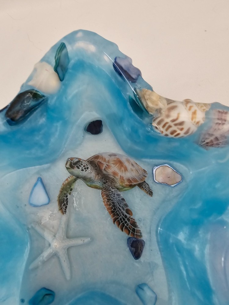 Handmade Resin Turtle Trinket Bowl Blue with Shells