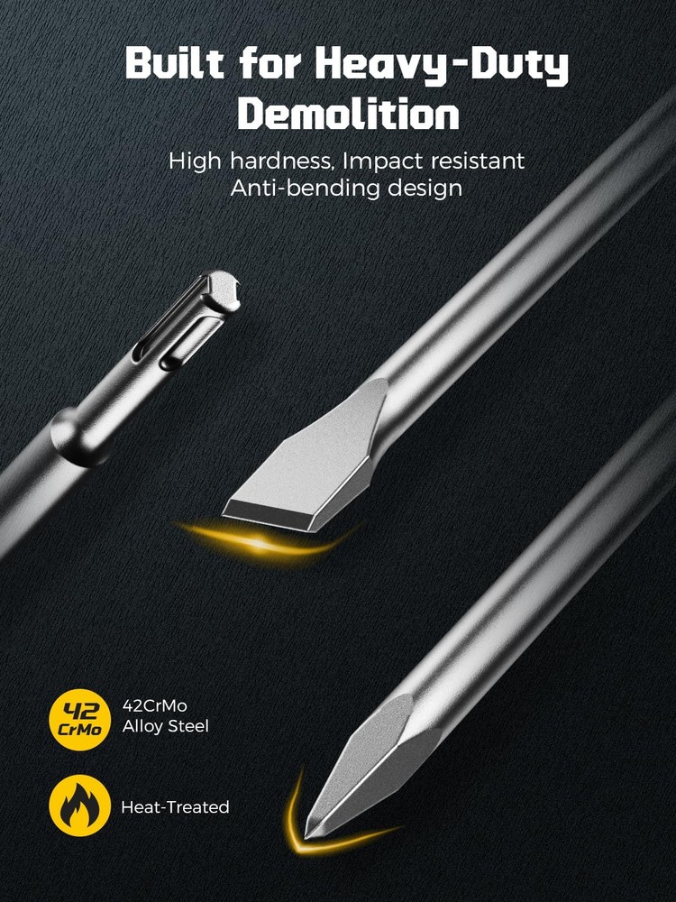 24-Inch SDS Plus Chisel Bits Set, Extra-Long Flat Chisel & Point Chisel, 42Cr...