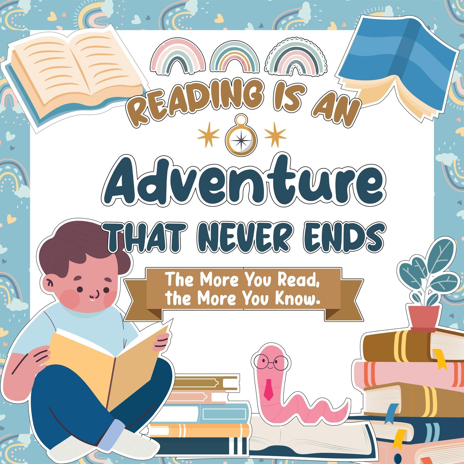 Decorably 45 Pcs Cutouts Rainbow Boho Reading Bulletin Board Reading Sets wit...