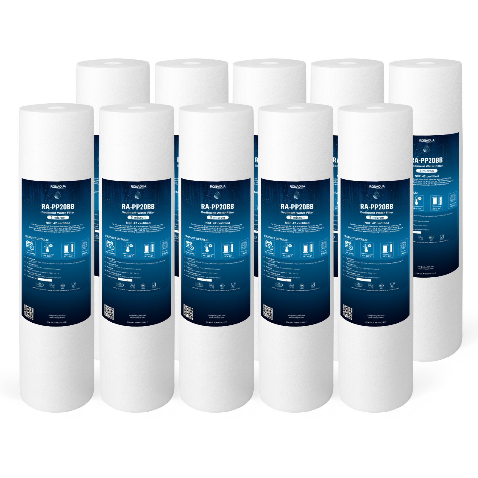 Big Blue Sediment Replacement Water Filters 5 Micron 4.5" x 20" Set of 10