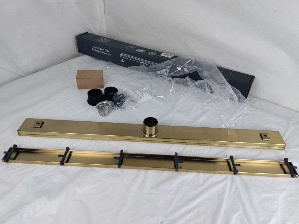36" Brushed Gold Linear Shower Drain w/ Flat & Tile Insert