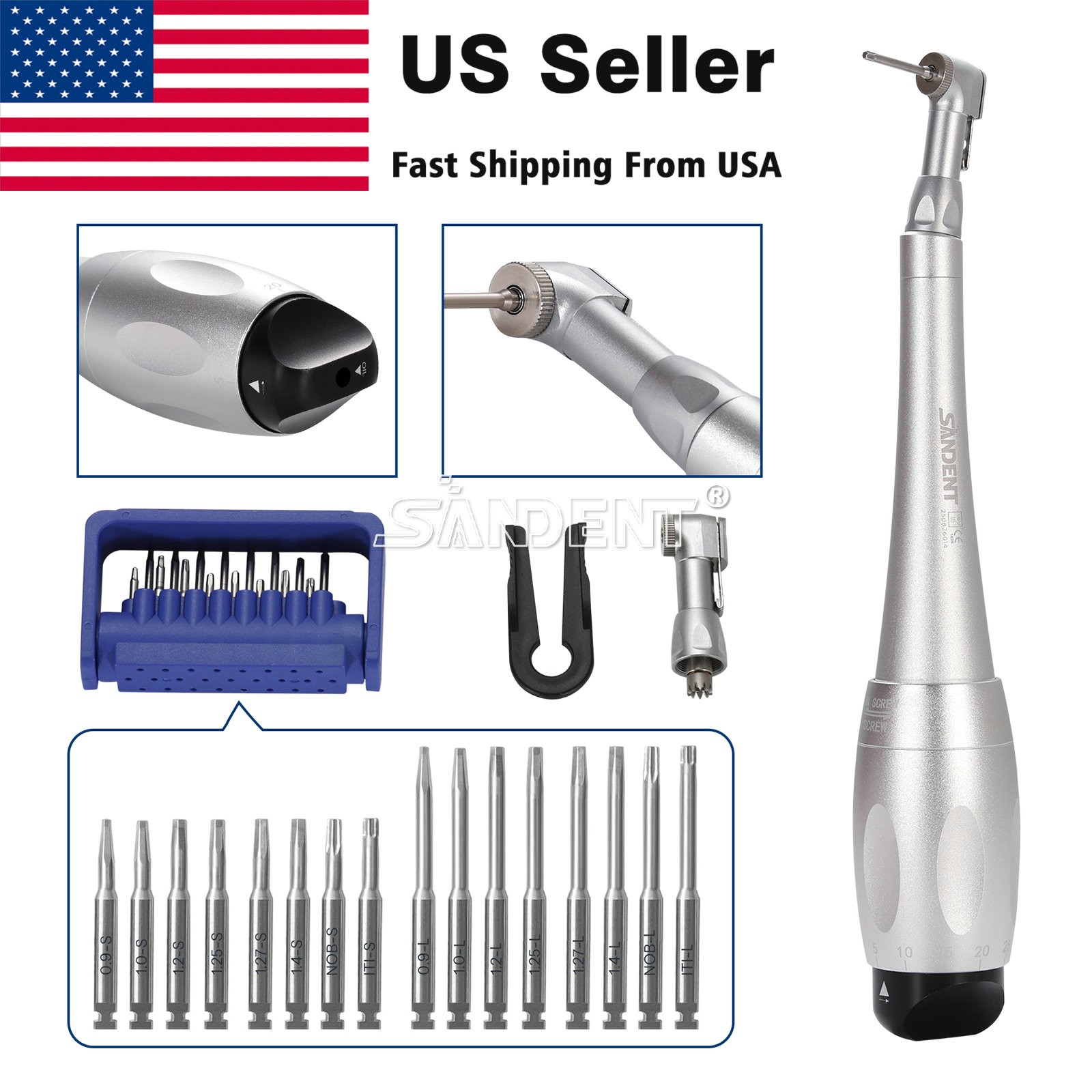 Dental Torque Wrench Universal Implant Kit Wrench Contra Angle & 16 Drivers USA