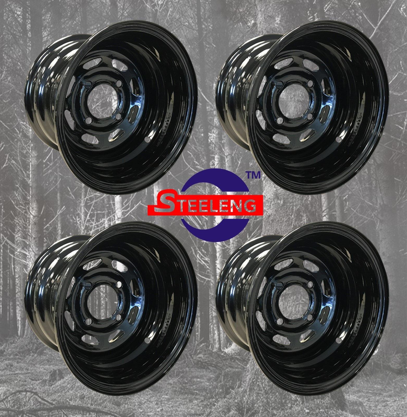 (4) EZGO CLUB CAR YAMAHA GOLF CART 10"X7" OFFSET 2.5+4.5 BLACK STEEL WHEELS