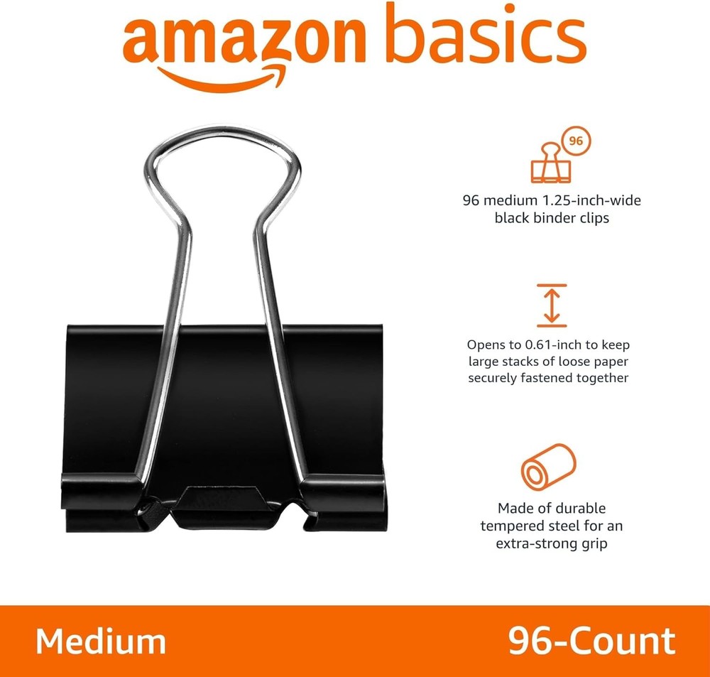 Amazon Basics Sturdy Binder Clips for Office Use, 96 Count (8 Medium, Black