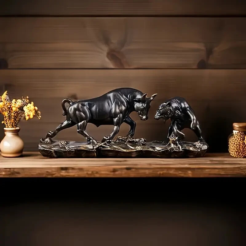 NEW Dark Bronze Style Bull & Bear Fight. Resin Figurine Sculpture 5hx11wx3d