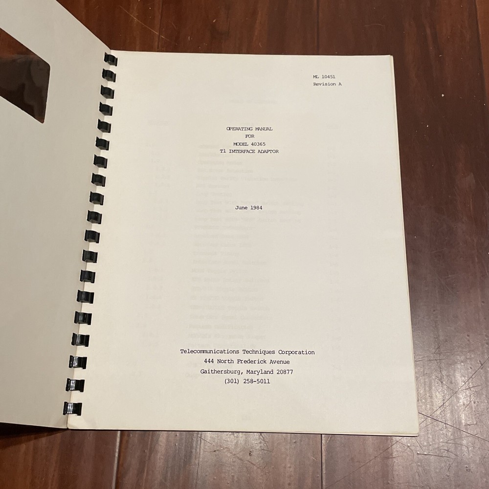 Telecommunications Techniques Corp 40365 T1 Interface Adaptor Operating Manual