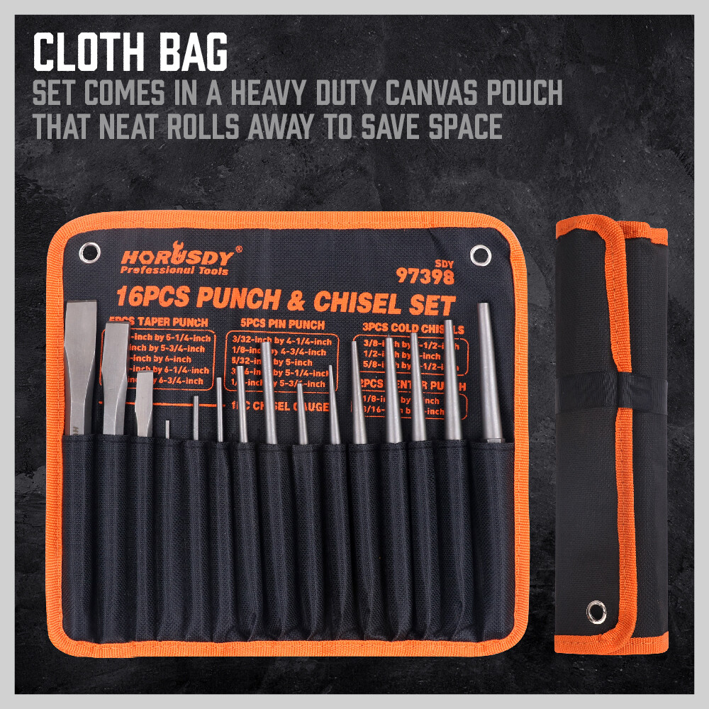 HORUSDY 16PC Punch & Chisel Set Taper Punch Cold Chisels Pin Punch Center Punch