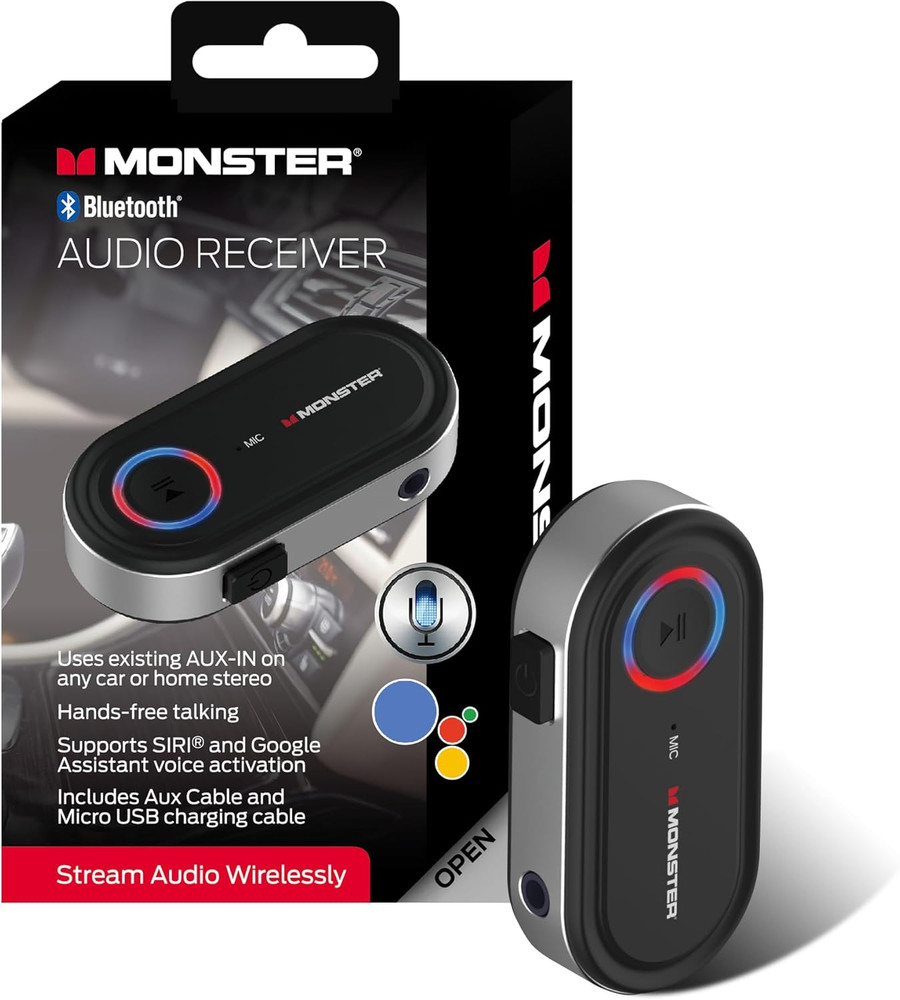Monster Bluetooth Receiver for Car & Home, 3.5mm Aux, Mic, Voice Assistant