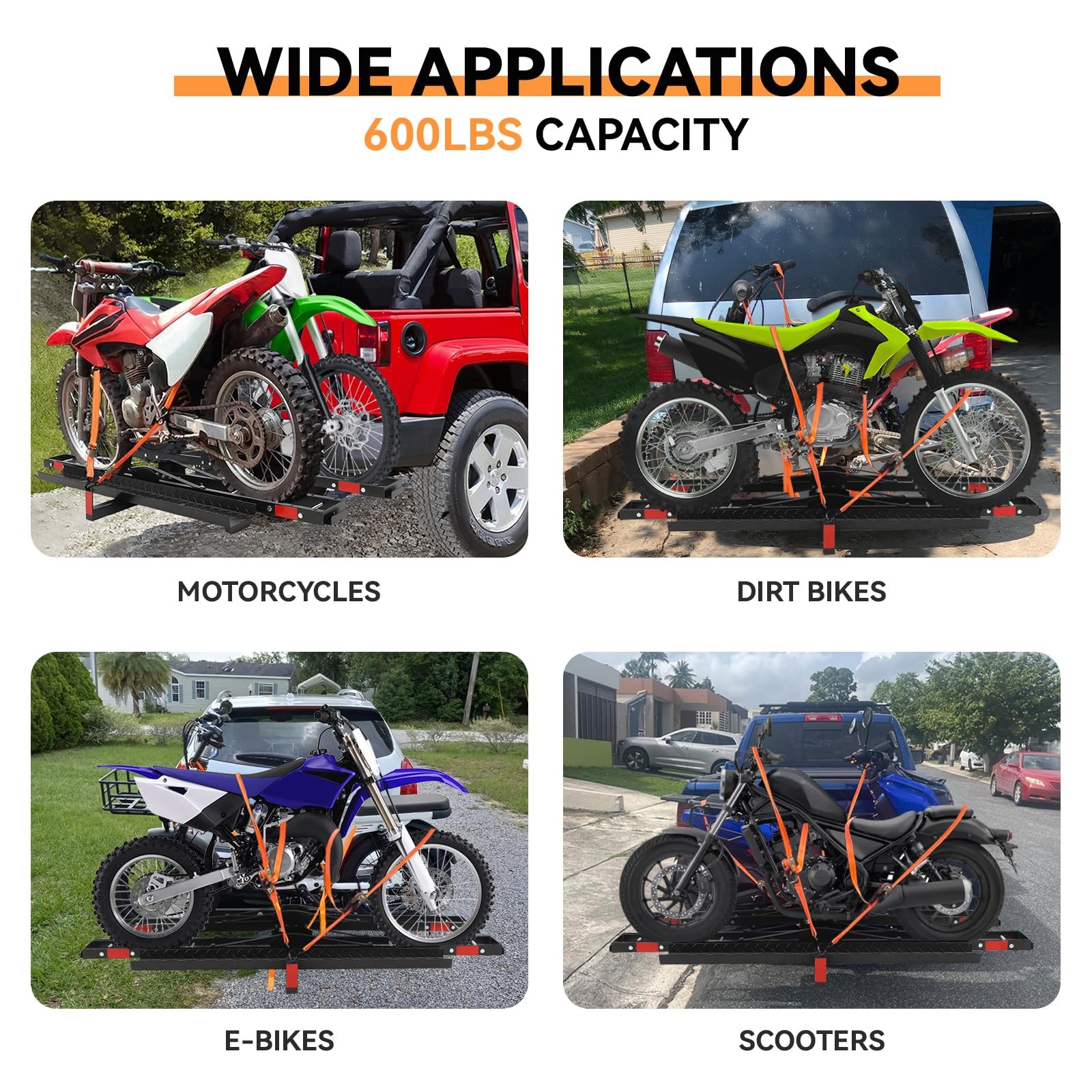 600 LBS Dual Motorcycle Steel Hitch Mount Hauler Dirt Bike Hitch Carrier w/Ramp