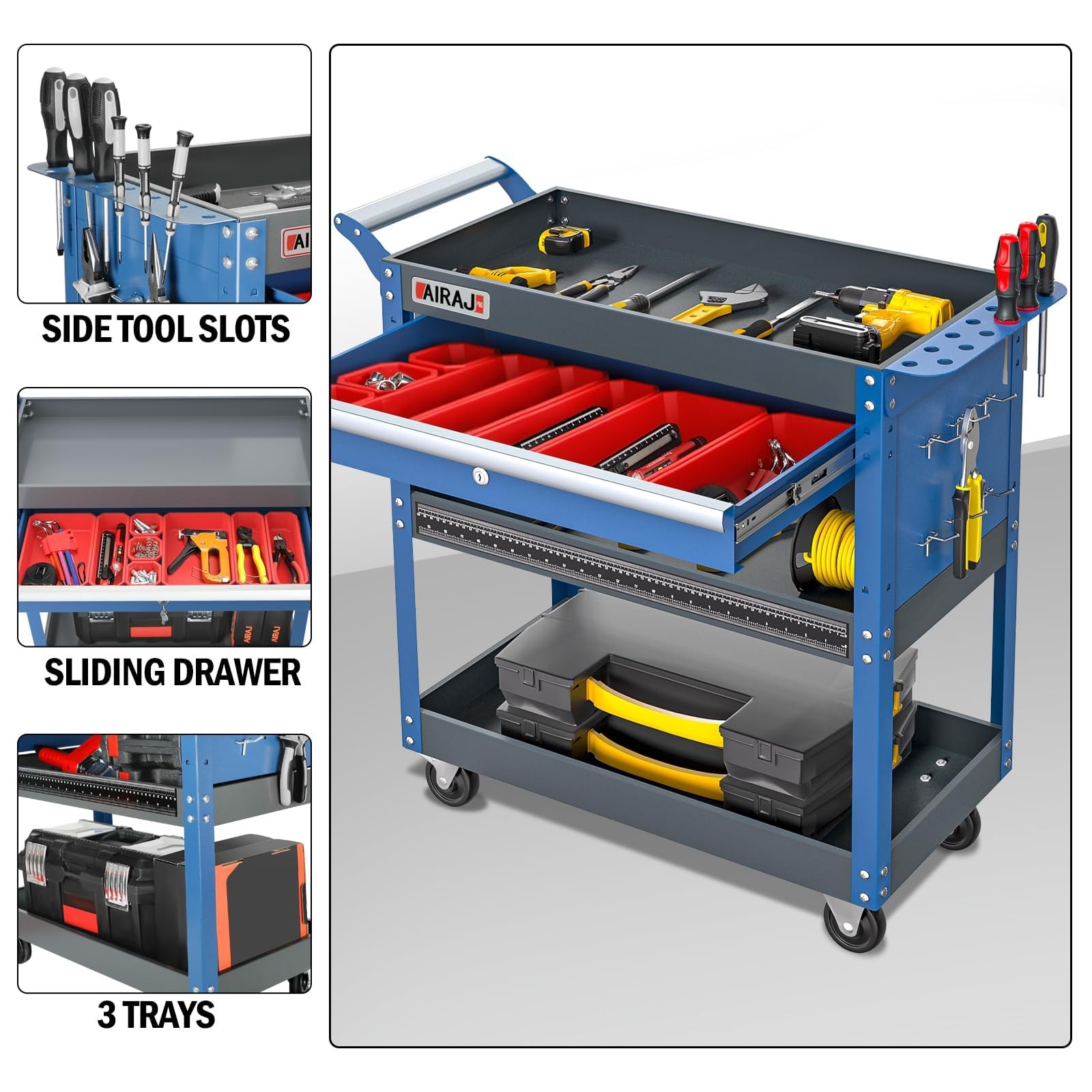 Heavy Duty 3 Tier Rolling Tool Cart,440LBS Mechanic Tool Cart with Drawers