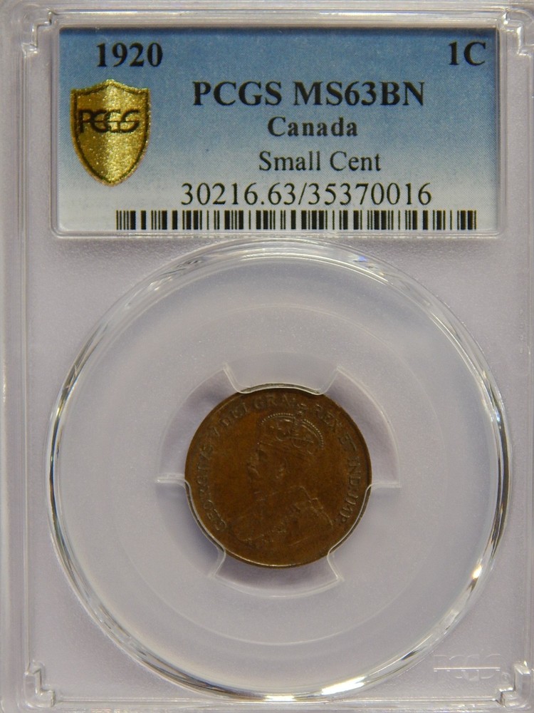1920 Canada Small Cent PCGS MS-63 BN Struck Thru 1c