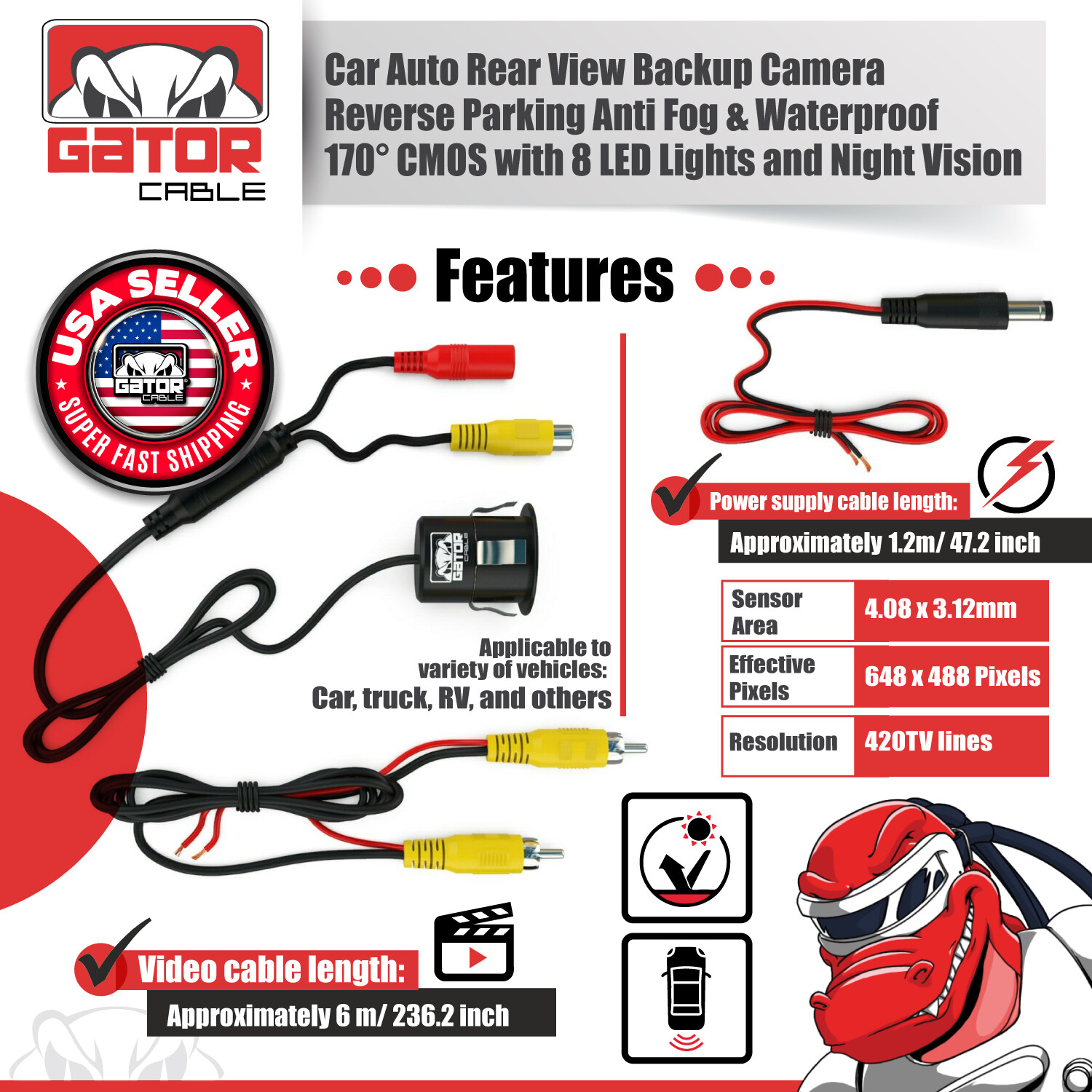 Car Rear View Backup Reverse Camera 170° CMOS 8 LED HD Night Vision Waterproof