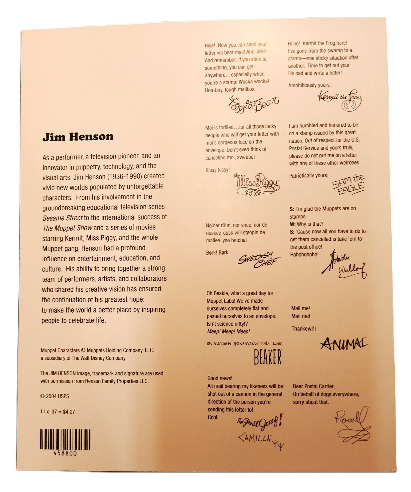 Jim Henson & Muppets Full Sheet 37-Cent Postage Stamps 11 per sheet