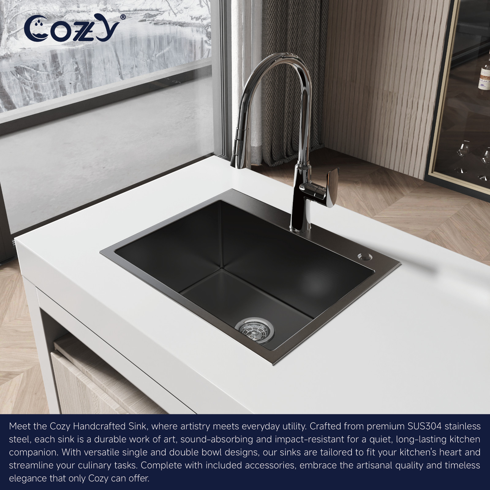 COZY Stainless Steel Kitchen Sink, 23" Single Bowl in Matte Black