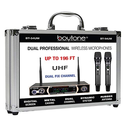 Dual Fixed Dynamic UHF Wireless Microphone System, Metal Microphone and Base,
