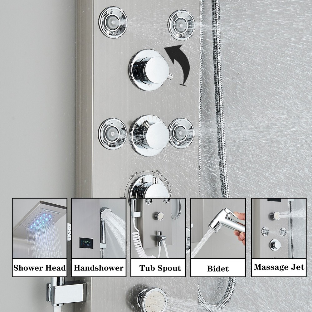 Brushed Nickel Shower Panel Tower System Rainfall Head Massage System Body Jet