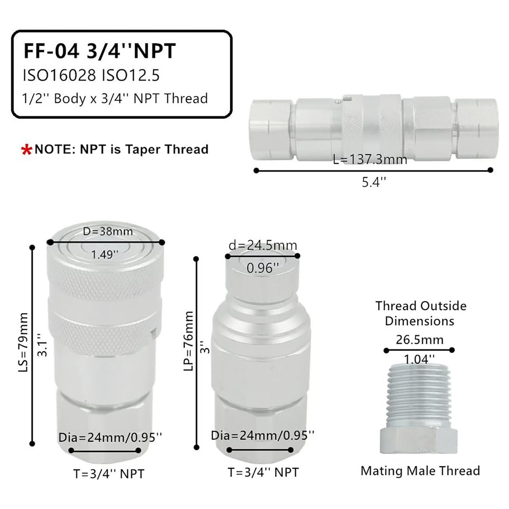 4Sets 3/4" NPT Pair Hydraulic Flat Face Quick Coupler Skid Steer Bobcat