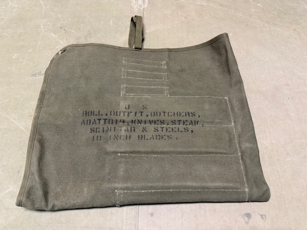 ORIGINAL WWII US ARMY BUTCHERS OUTFIT TOOL STEAK KNIFE UTENSILS ROLL & INSERTS