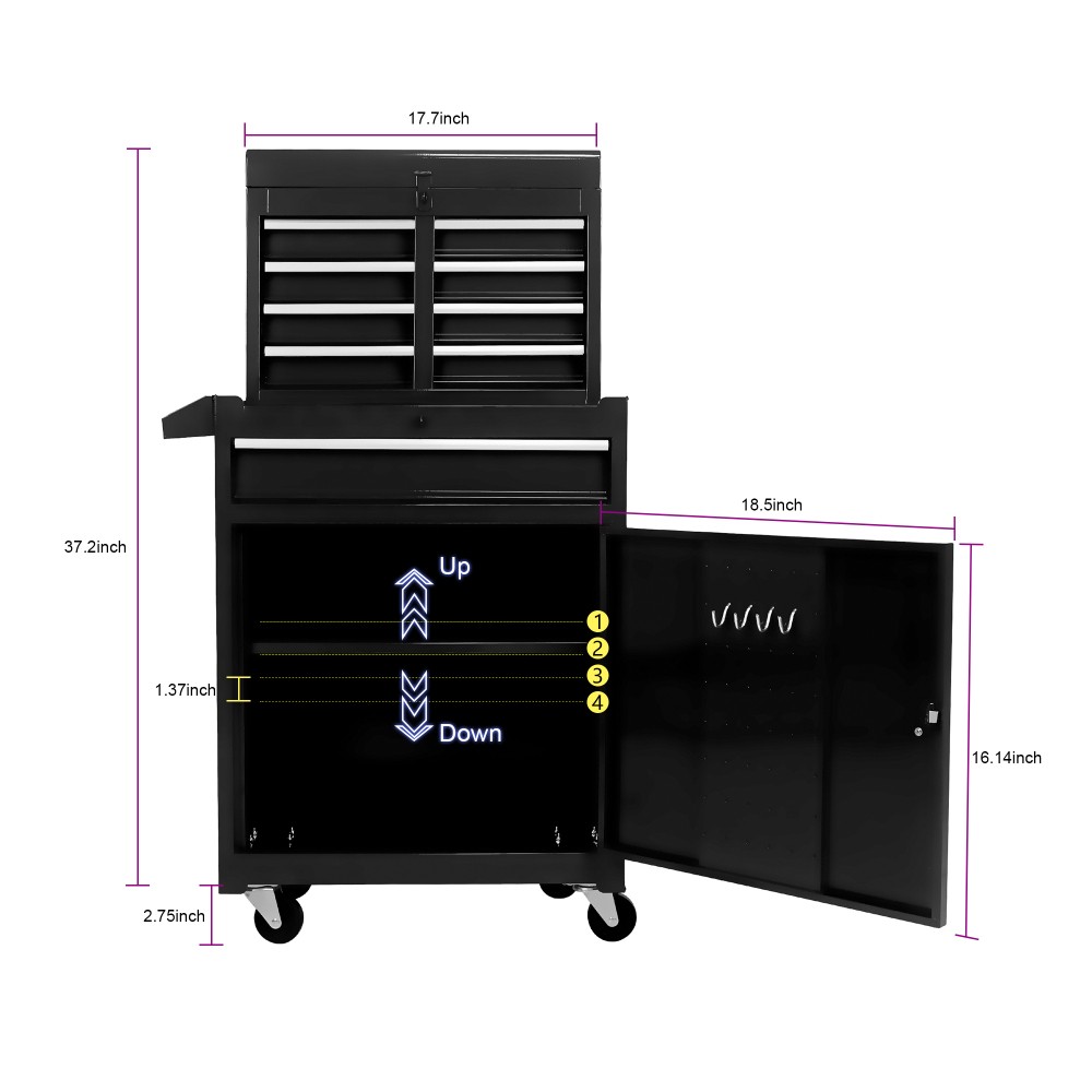 5-Drawer Rolling Tool Chest with Lockable Wheels Sliding Drawers Black