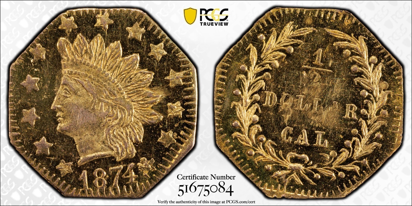 1874/3 California Fractional Gold PCGS MS62PL MS-62 Prooflike G50C BG-943