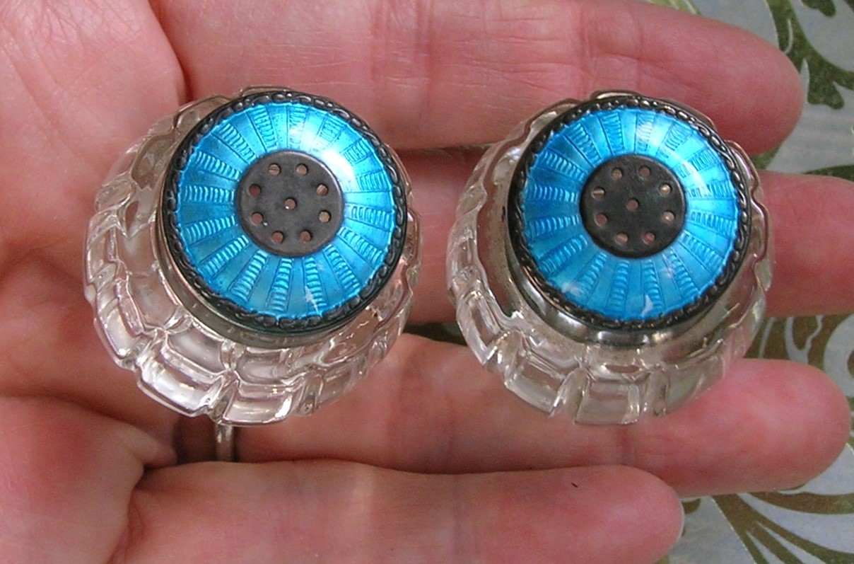 GLASS STERLING ENAMEL SALT AND PEPPER SHAKERS VINTAGE DANISH EXCELLENT CONDITION