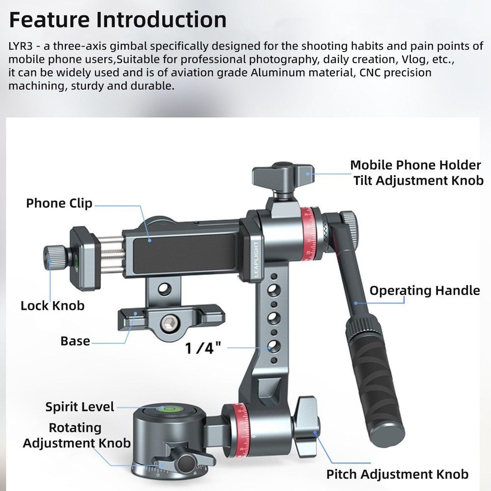Gimbal Stabilizer Three-Axis Tripod Fluid Head Pan Tilt Quick Release Handle Cla