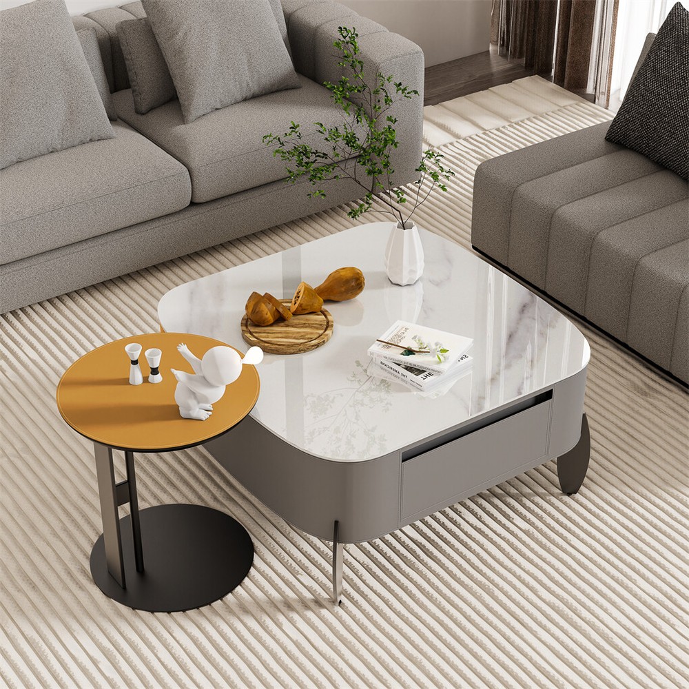 Square Marble Coffee Table Microfiber Saddle Leather Center Table with 2 Drawers