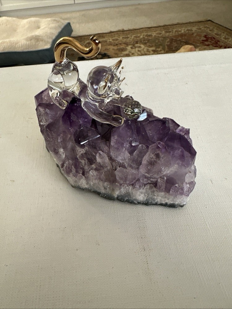 Cat With Rainbow Cut Ball On Amethyst Geode Stone