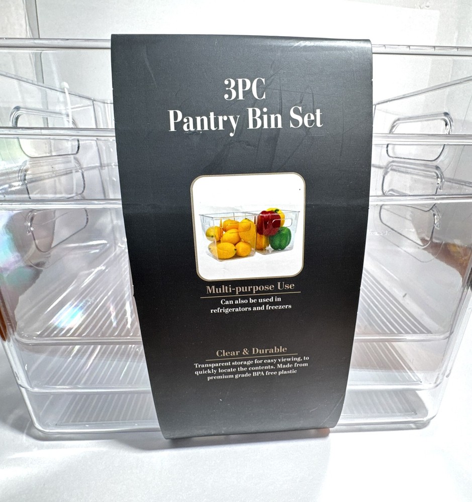Pantry 3pc Rectangular Plastic Bin Set 11 x 8 x 6 Clear Durable BPA Free Plastic